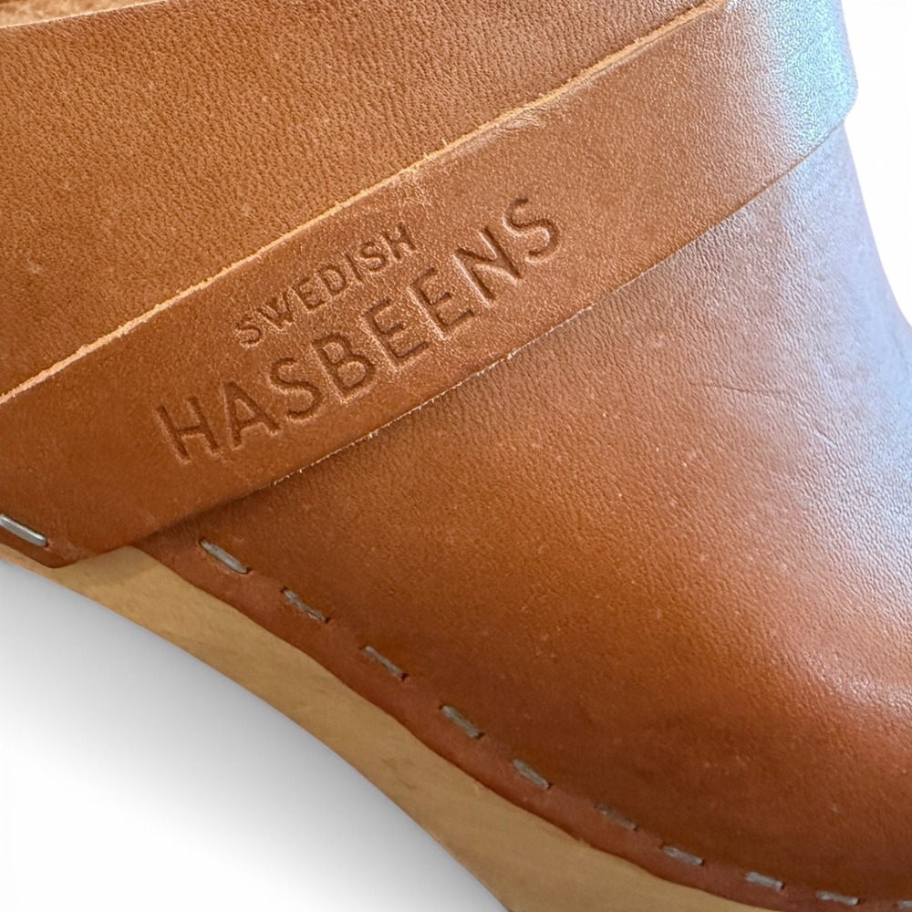 Swedish Hasbeens Classic Slip On High Heel Clogs Brown Leather EU 39 - Picture 6 of 8